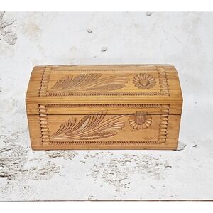 Handmade Carved Wood Keepsake Box Large Floral Curved Lid Rustic Brown Chest